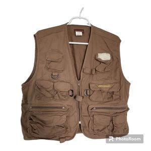 Pflueger Deluxe Sz L Fly Fishing 100% Cotton Ten Pocket Brown Zip Close Vest